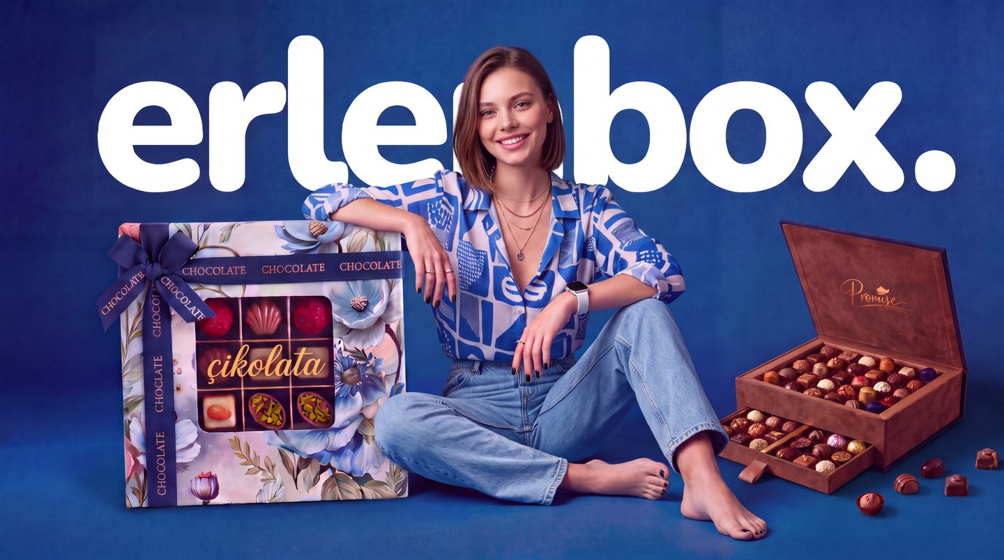 Erlenbox logolu çikolata kutularıyla gülümseyen kadın